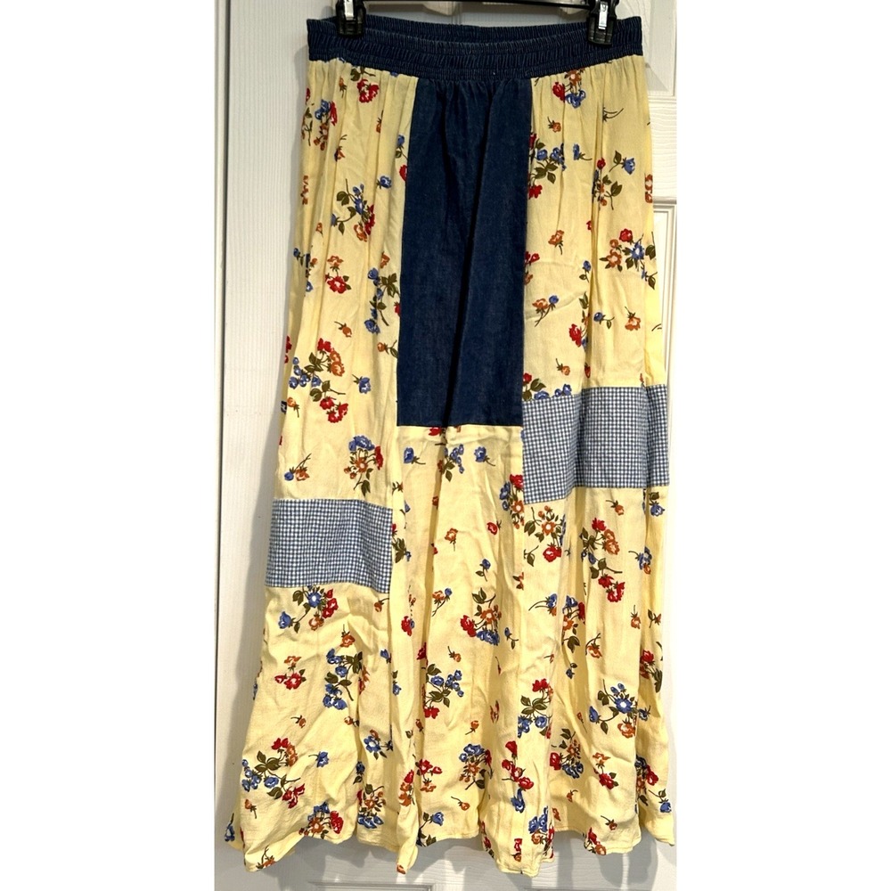 Vintage Starfire Patchwork Denim Floral Maxi Skirt Womens 10 Long Yellow Blue